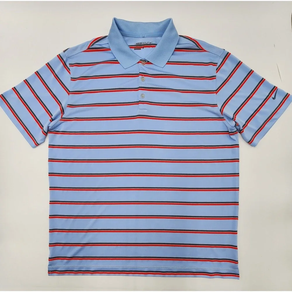 MENS VINTAGE NIKE DRI FIT PERFORMANCE GOLF XL‎ BUTTON UP POLO SHIRT BLUE STRIPED